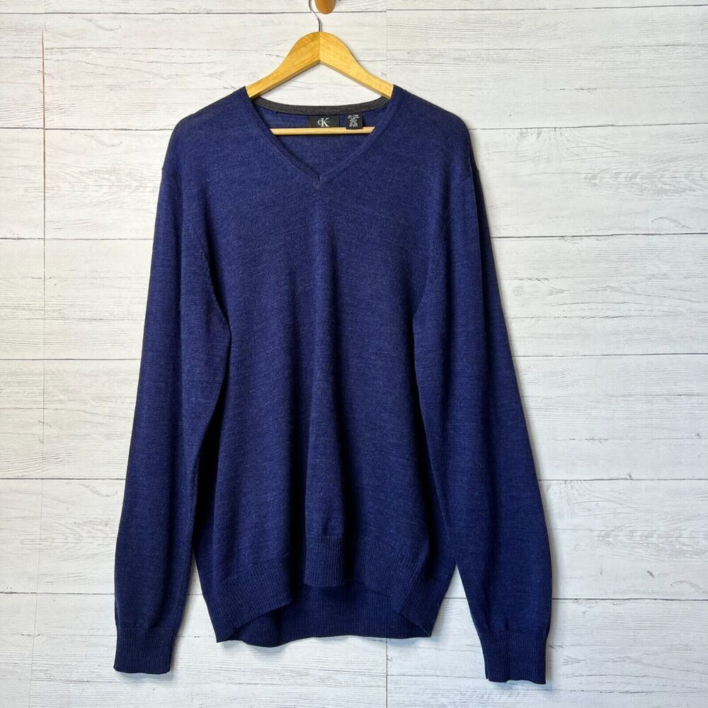 Calvin Klein Sweater Mens Size XL Navy 100% Extra Fine Merino Wool V Neck